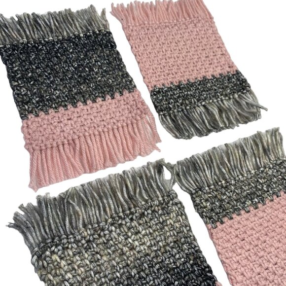 Mug Rugs Coasters Handmade Crochet Pink Gray Fringe Felt Back Set of 4 - Picture 3 of 11